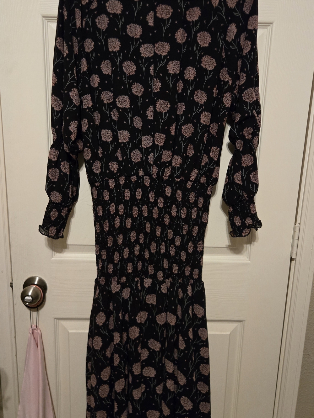 Floral Long-Sleeve Smocked Waist Dress - Black with Pink Floral - Picture 3 of 4